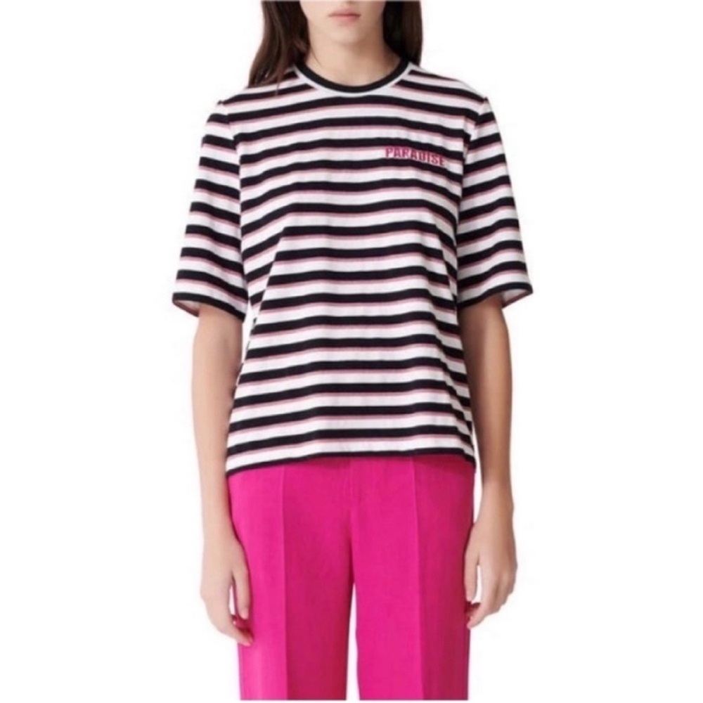 Maje Tiffany Paradise top black white stripe glitter cotton blend zipper